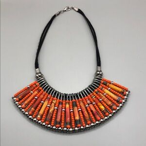 Rolled paper bead colorful vibrant tribal boho festival statement bib necklace